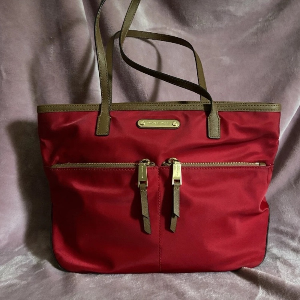 Michael Kors Red Nylon and Brown Saffiano Leather Tote/ Satchel/ Handbag